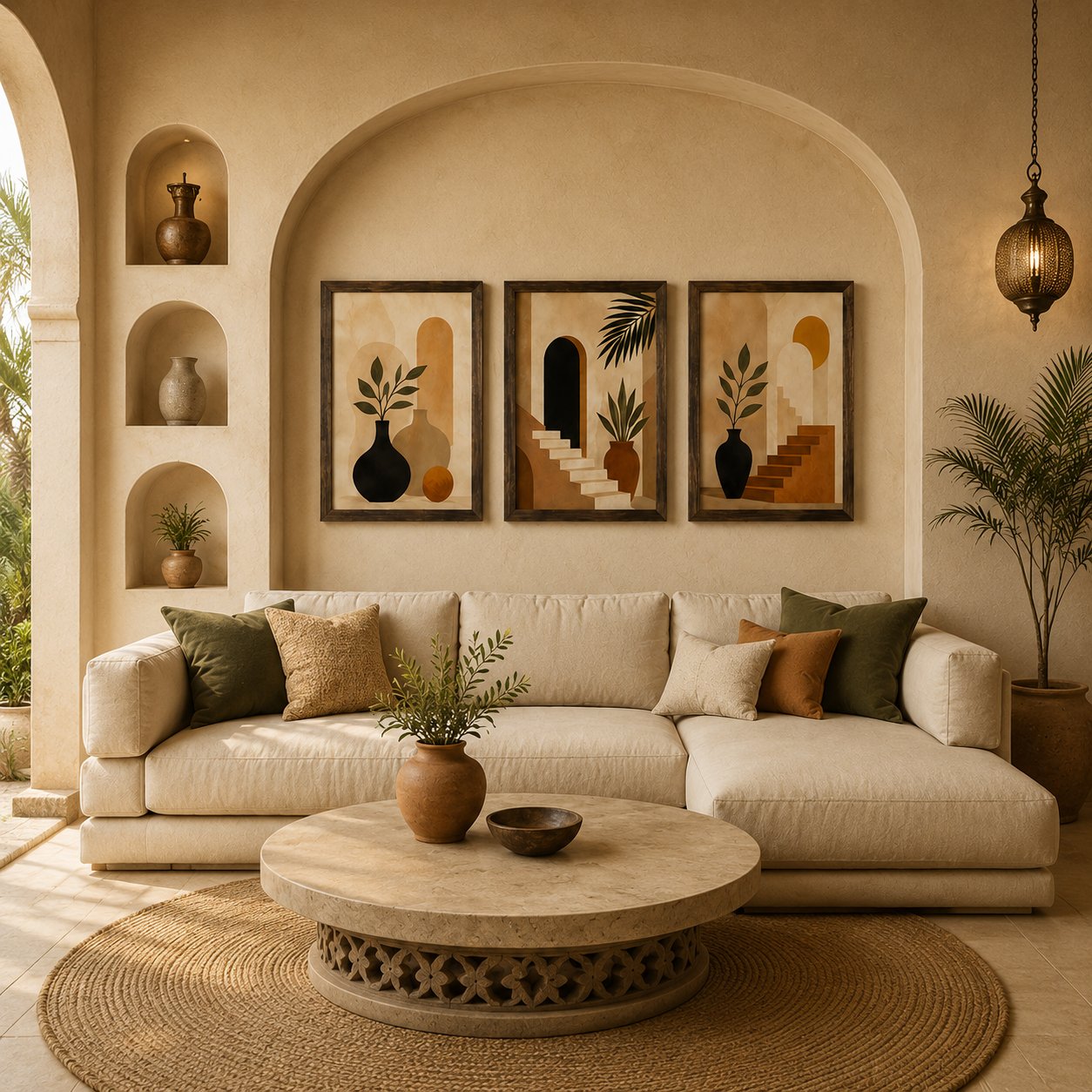Minimalist Terracotta Arches & Botanical Vases Canvas Art – Organic Modern Triptych Print Set - Image 2
