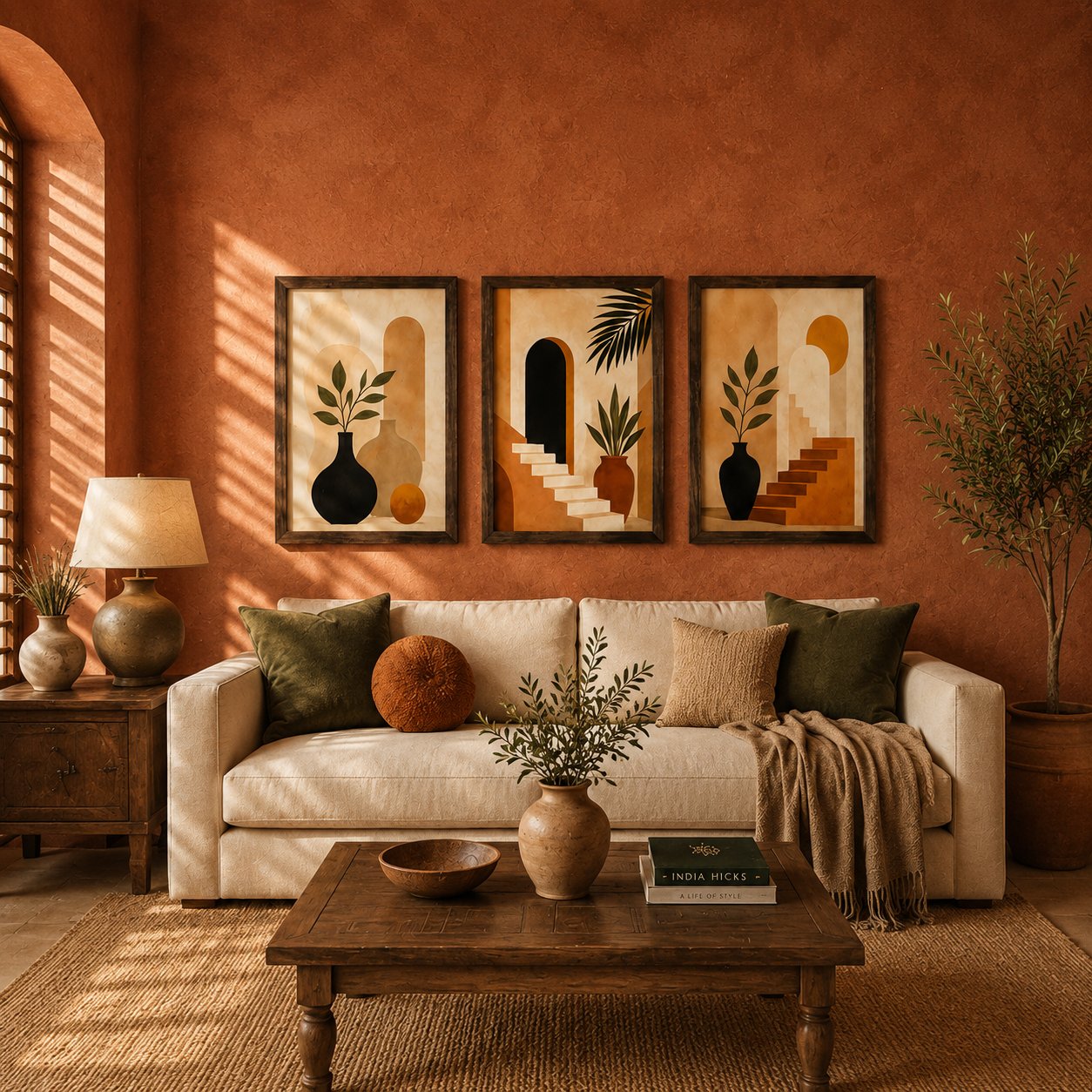 Minimalist Terracotta Arches & Botanical Vases Canvas Art – Organic Modern Triptych Print Set - Image 3