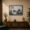 Luxury Mughal Garden Pavilion Canvas Art – Premium Silver Metallic Peacock Print