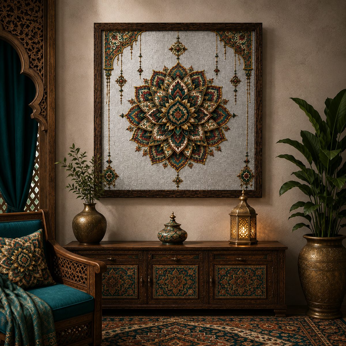 Luxury Ornate Mandala Canvas Art – Premium Silver Metallic Arabesque Print